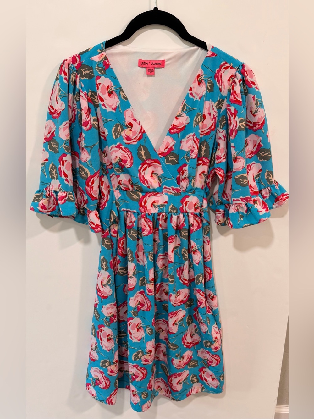 Betsey Johnson Blue & Pink Floral Rose V-Neck Ruffle Sleeve Dress Size 4P